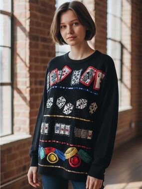 Black Embellished Casino Game Sweater - Brand